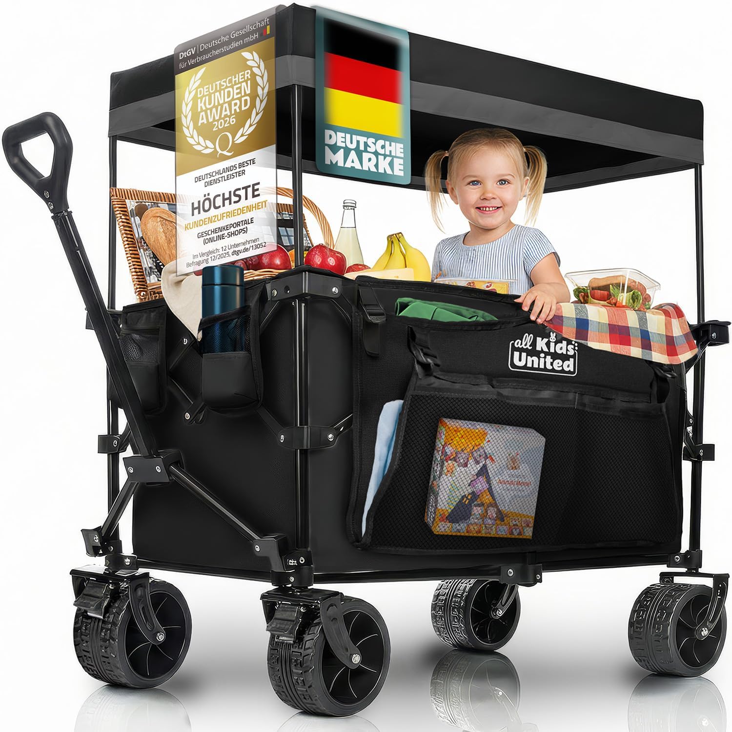 Faltbarer Bollerwagen XXL mit Geländerädern & Sonnendach – Strandwagen bis 150 kg Tragkraft