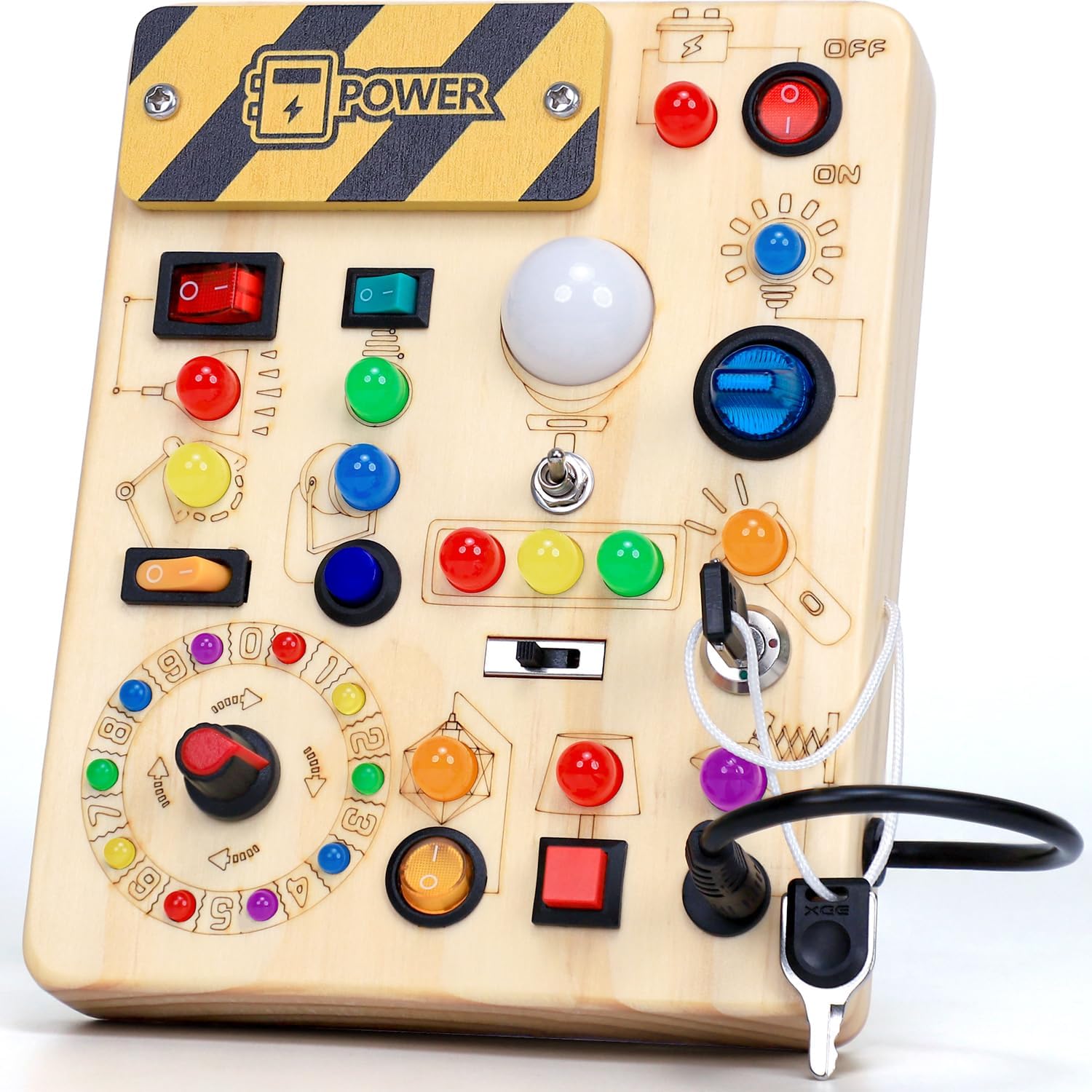 Busy Board aus Holz mit LED-Lichtern – Motorikspielzeug & Lernspielzeug