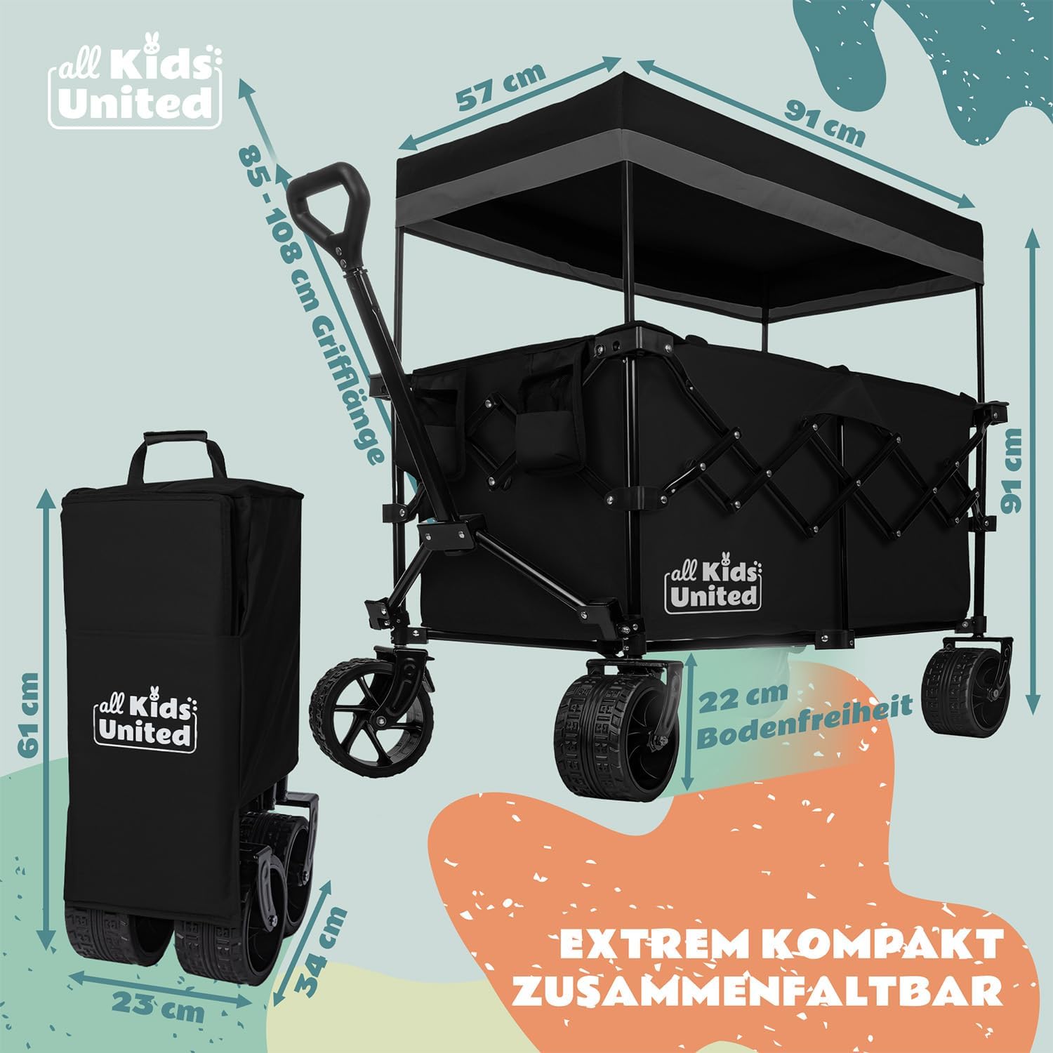 Faltbarer Bollerwagen XXL mit Geländerädern & Sonnendach – Strandwagen bis 150 kg Tragkraft