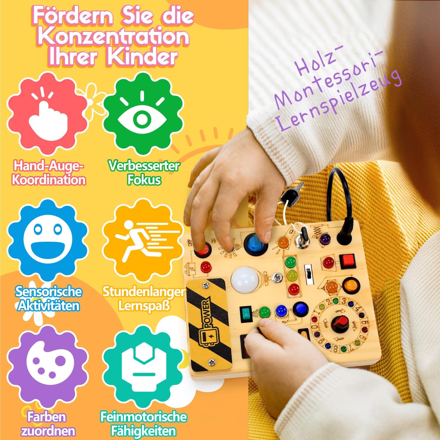 Busy Board aus Holz mit LED-Lichtern – Motorikspielzeug & Lernspielzeug