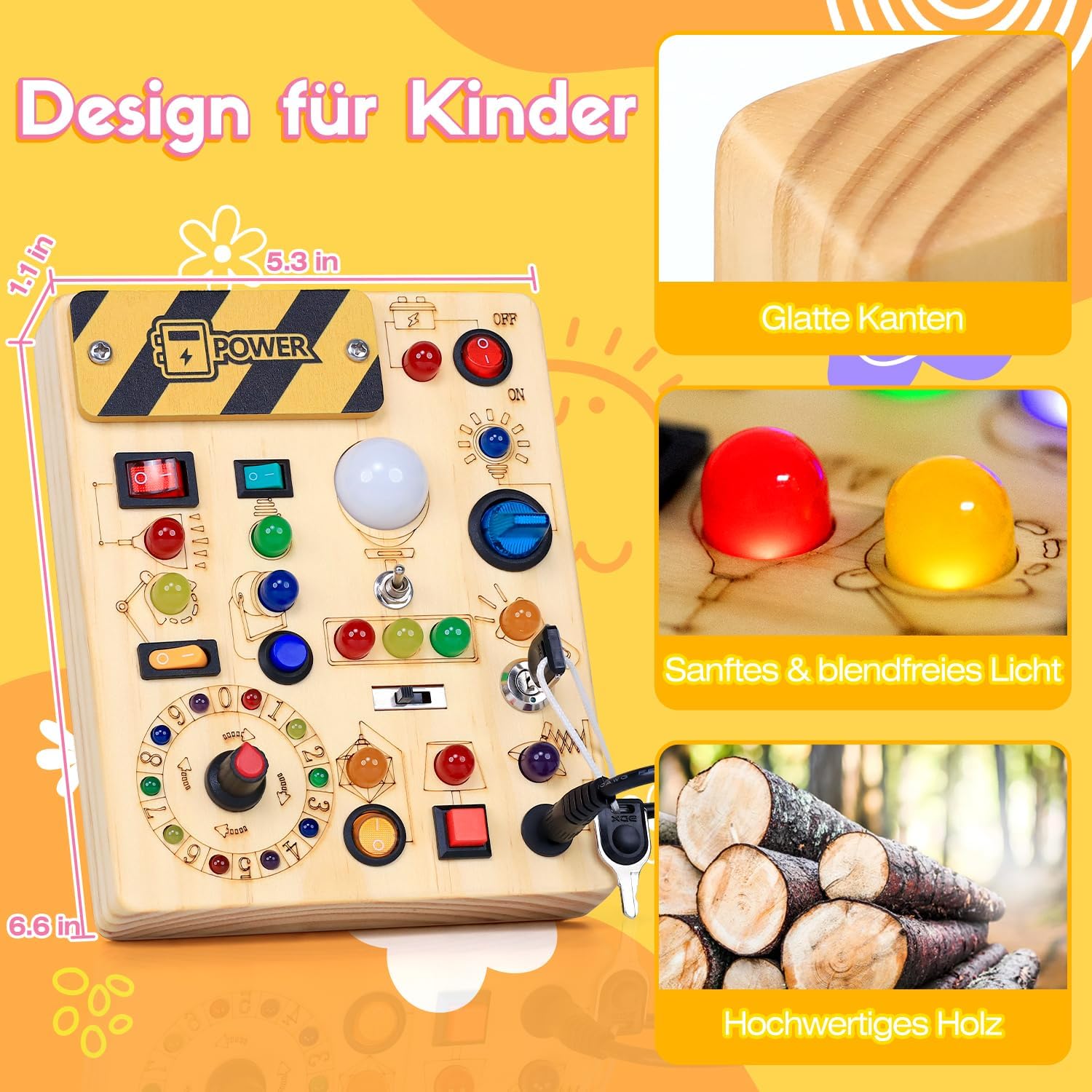 Busy Board aus Holz mit LED-Lichtern – Motorikspielzeug & Lernspielzeug